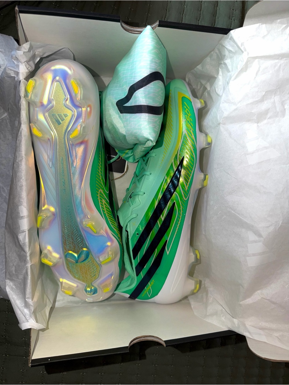 adidas Mint Green and Black Soccer Cleats with Iridescent Outsole